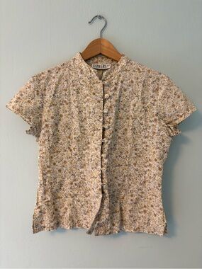 Vintage FLOWERS Mandarin Collar Floral Button Blouse Small
